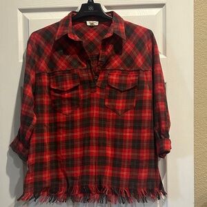 Umgee Red and Black Plaid Fringe Shirt Medium